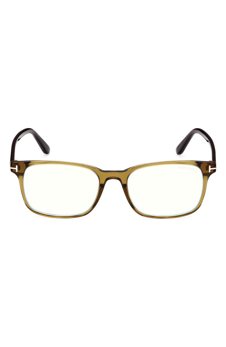 TOM FORD 53mm Rectangular Blue Light Blocking Glasses, Main, color, Shiny Dark Green