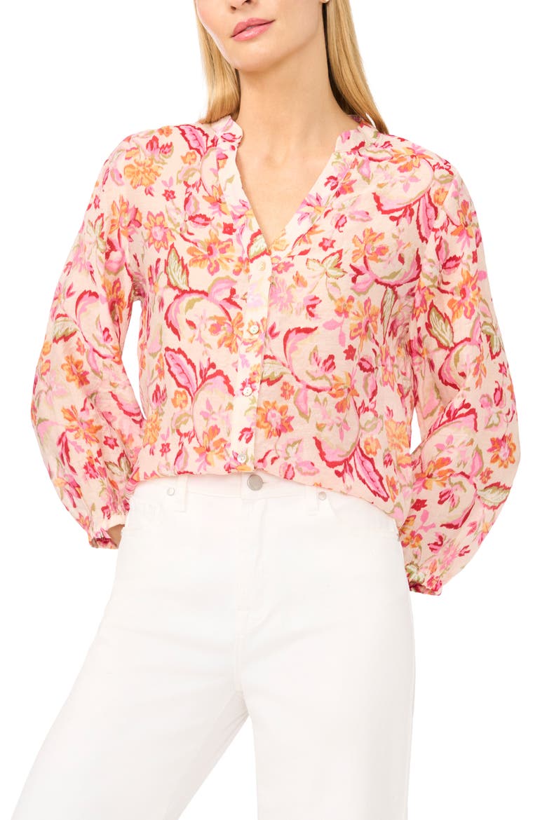 Floral Three Quarter Sleeve Button-Up Shirt, Main, color, MAGENTA