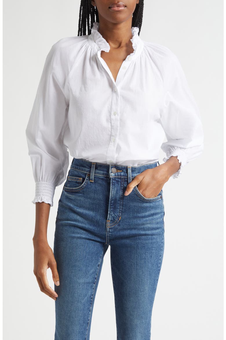 Calisto Ruffle Collar Cotton Button-Up Shirt, Main, color, WHITE