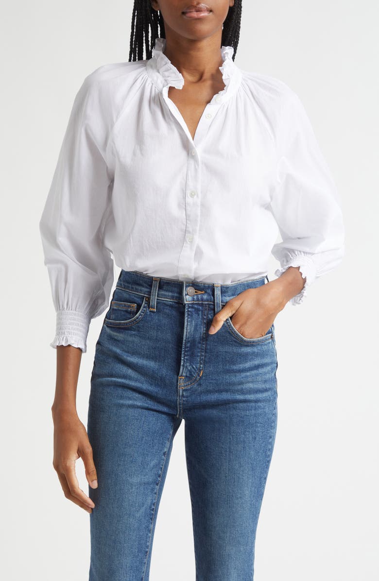 Veronica Beard Calisto Ruffle Collar Cotton Button-Up Shirt, Main, color, White