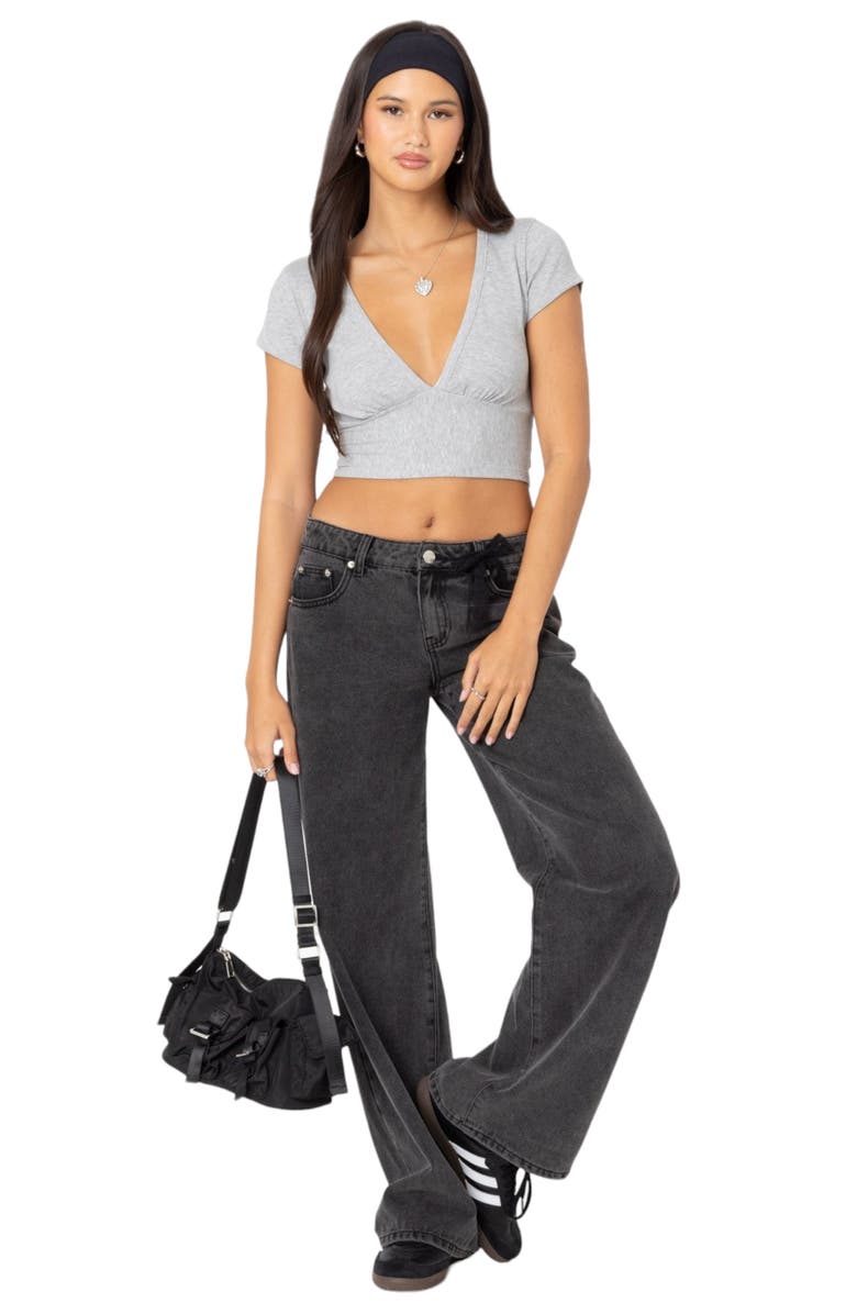 EDIKTED Deep V Crop T-Shirt, Alternate, color, Gray-Melange