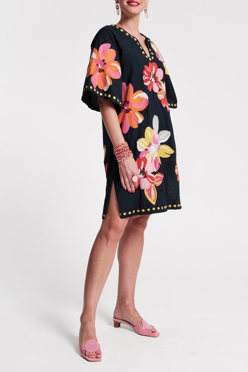 Frances Valentine Charming Caftan Mini Sun Floral Cotton Linen In Navy/multi