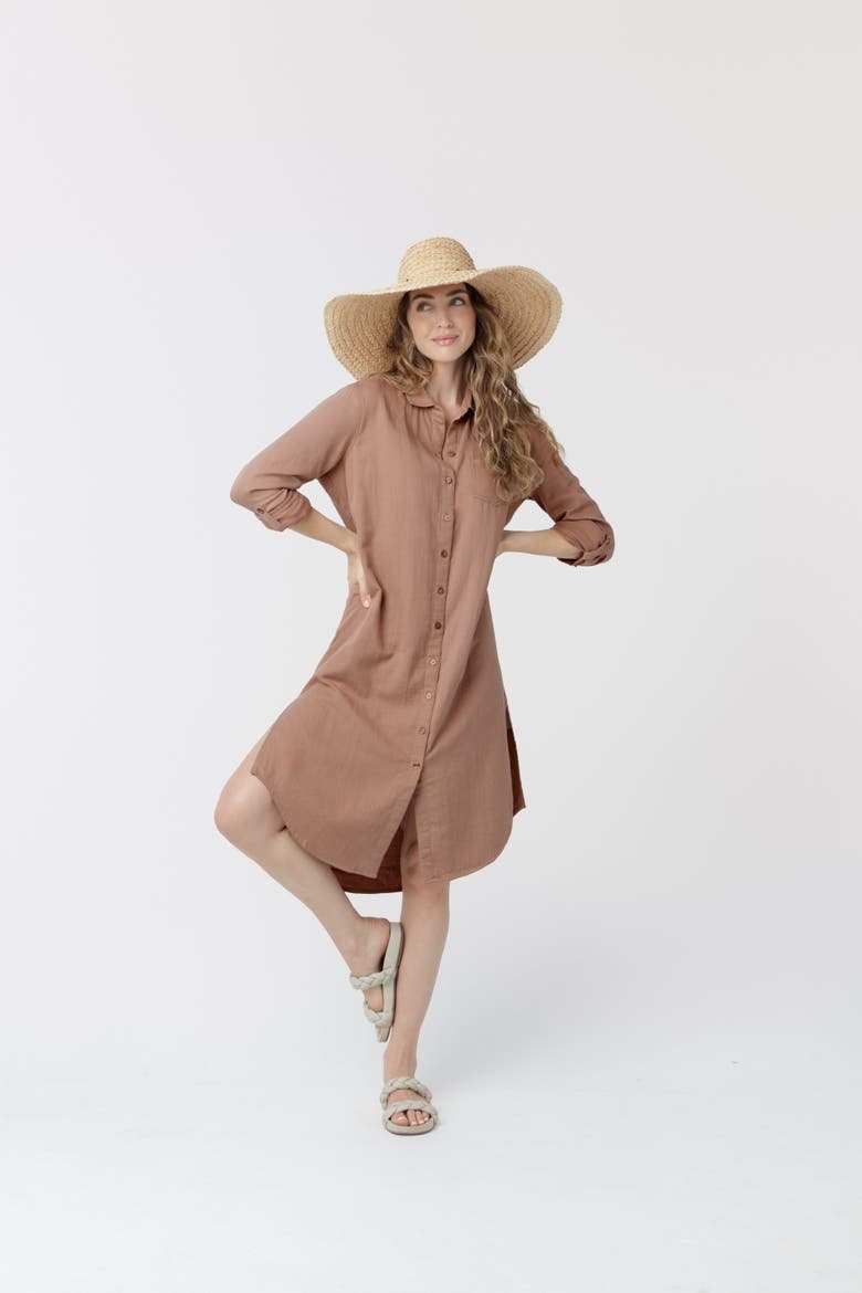 Gauze Button Down Shirt Dress, Main, color, Sand