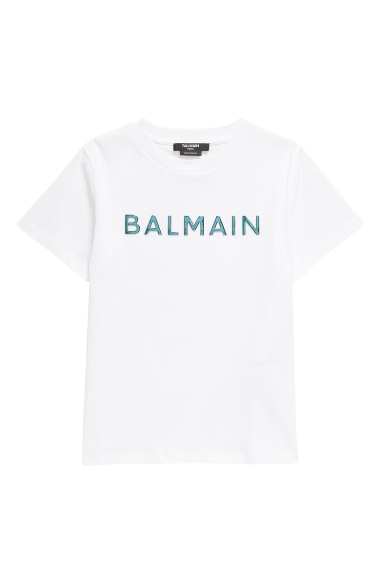 Balmain Kids' Shiny Logo Appliqué T-Shirt, Main, color,