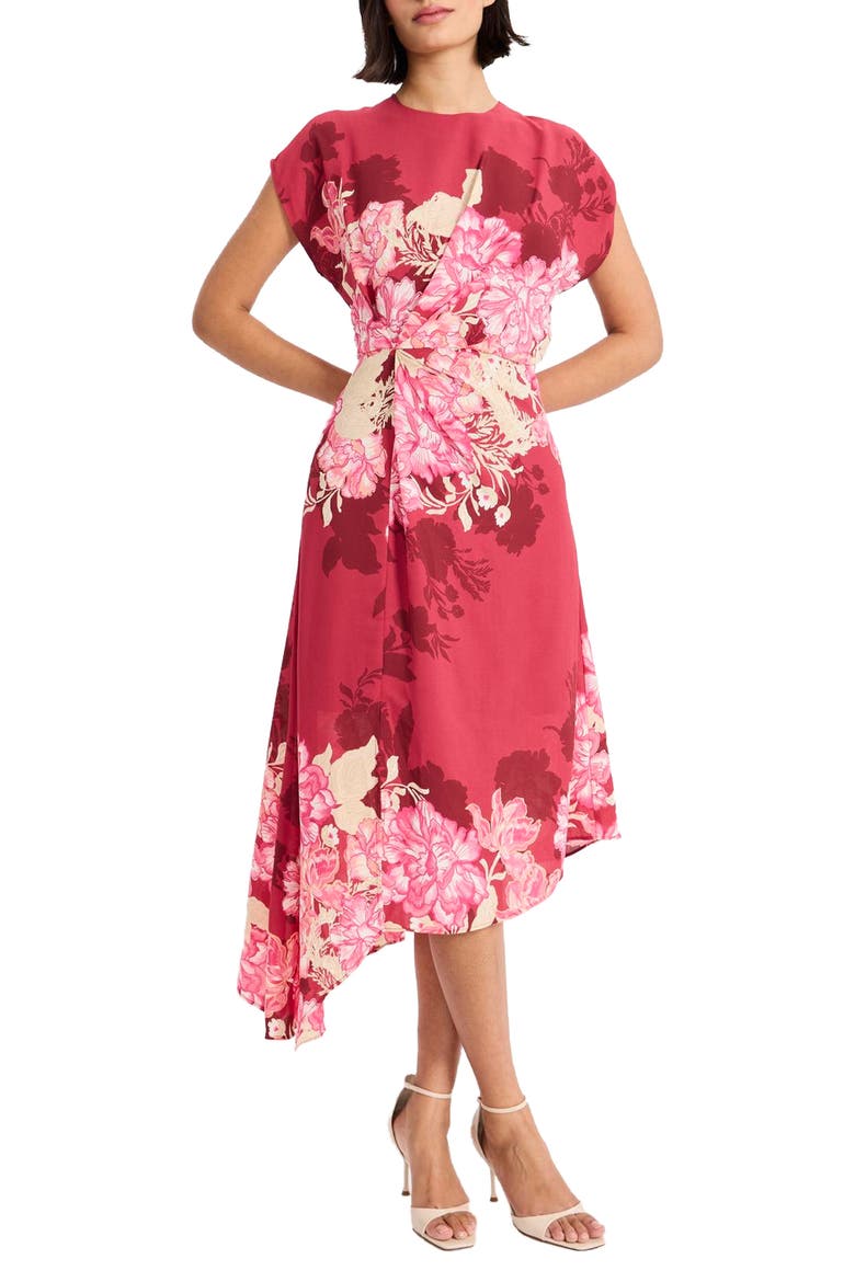 Floral Print Asymmetric Midi Dress, Main, color, ROSE BUD/ PINK CARNATION
