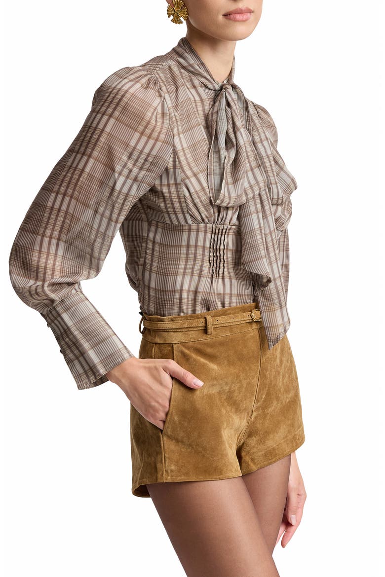 Plaid Tie Neck Top, Alternate, color, NATURAL PLAID MULTI