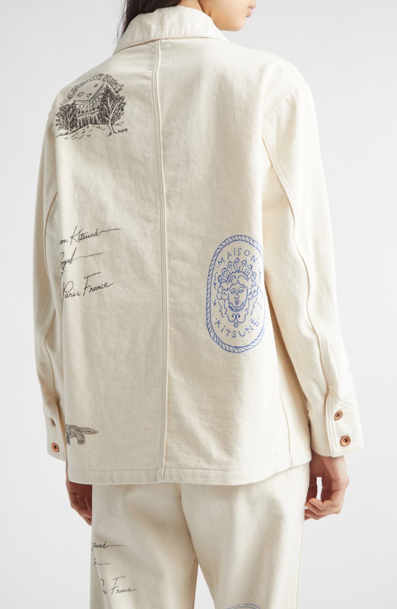 KURO x Maison Kitsuné Hand Painted Postcard Denim Chore Jacket, Alternate, color, Off White