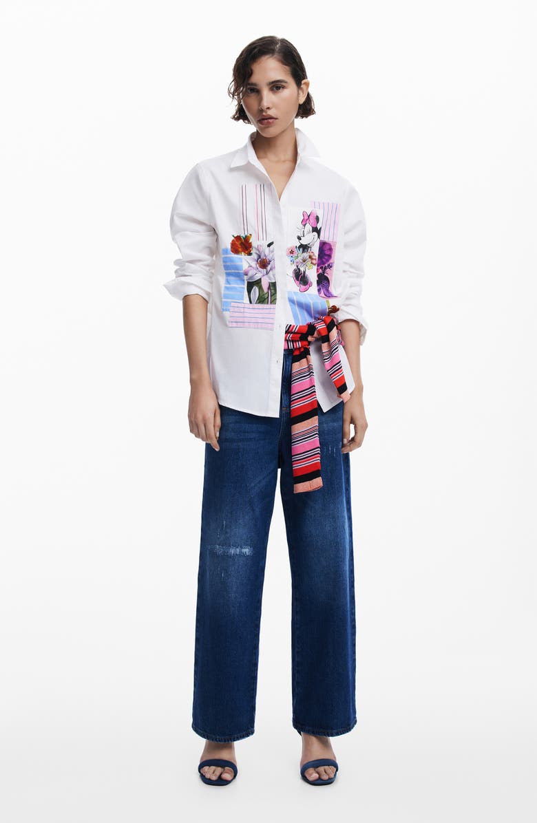 Desigual Minnie Mouse Patchwork Button-Up Shirt, Alternate, color, White
