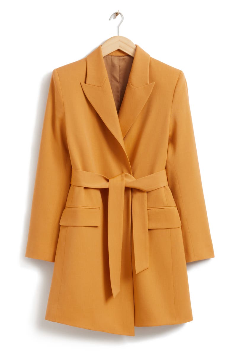 & Other Stories Belted Long Sleeve Wool Blend Blazer Minidress, Alternate, color, Yellow