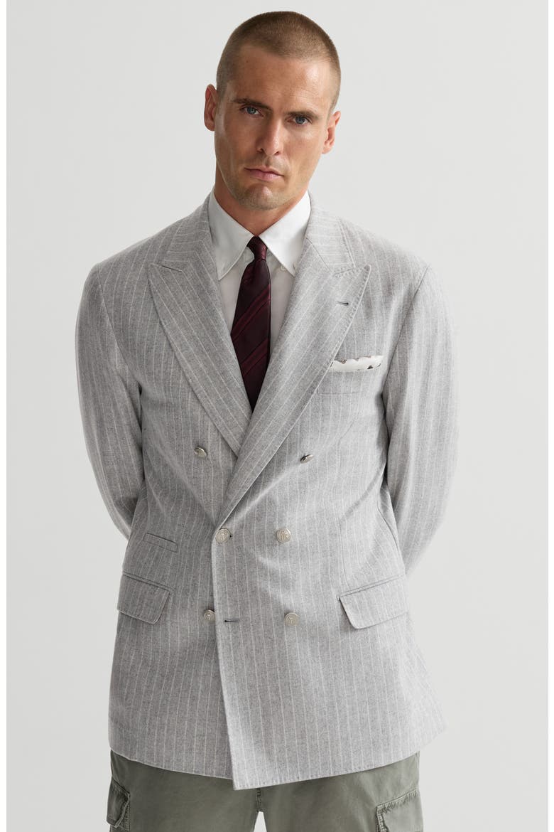 Virgin wool and cashmere chalk stripe flannel one-and-a-half breasted deconstructed blazer with metal buttons, Alternate, color, Light Grey