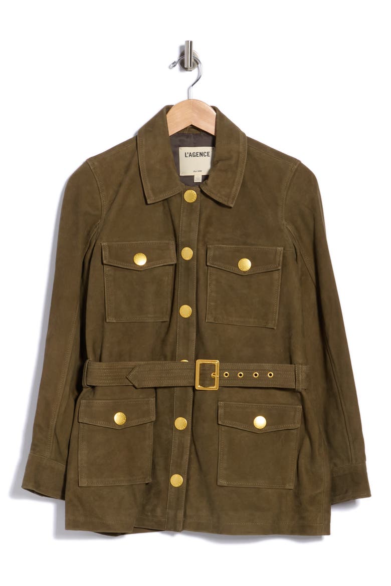 Ishani Belted Leather Jacket, Alternate, color, OLIVE