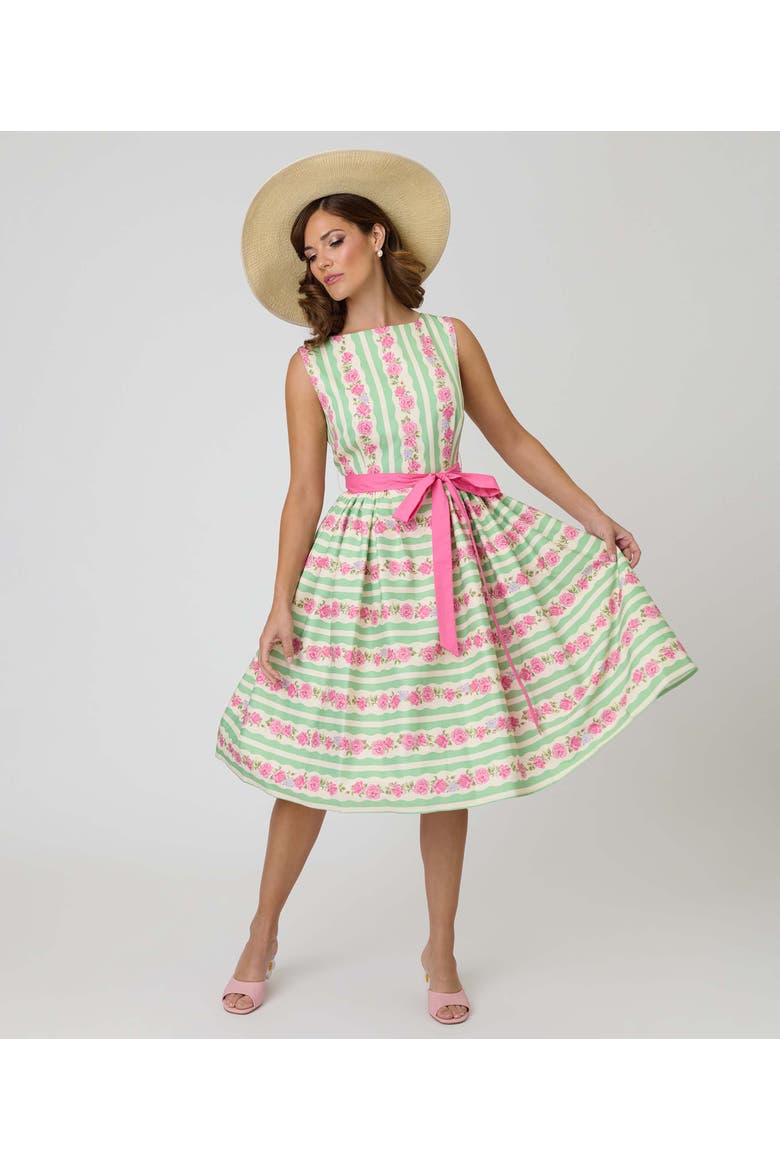 Sleeveless Belted Swing Dress, Alternate, color, Green & Pink Floral Print