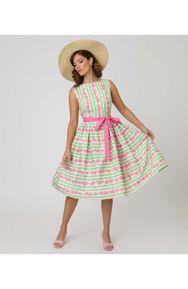 Unique Vintage Sleeveless Belted Swing Dress, Alternate, color, Green & Pink Floral Print