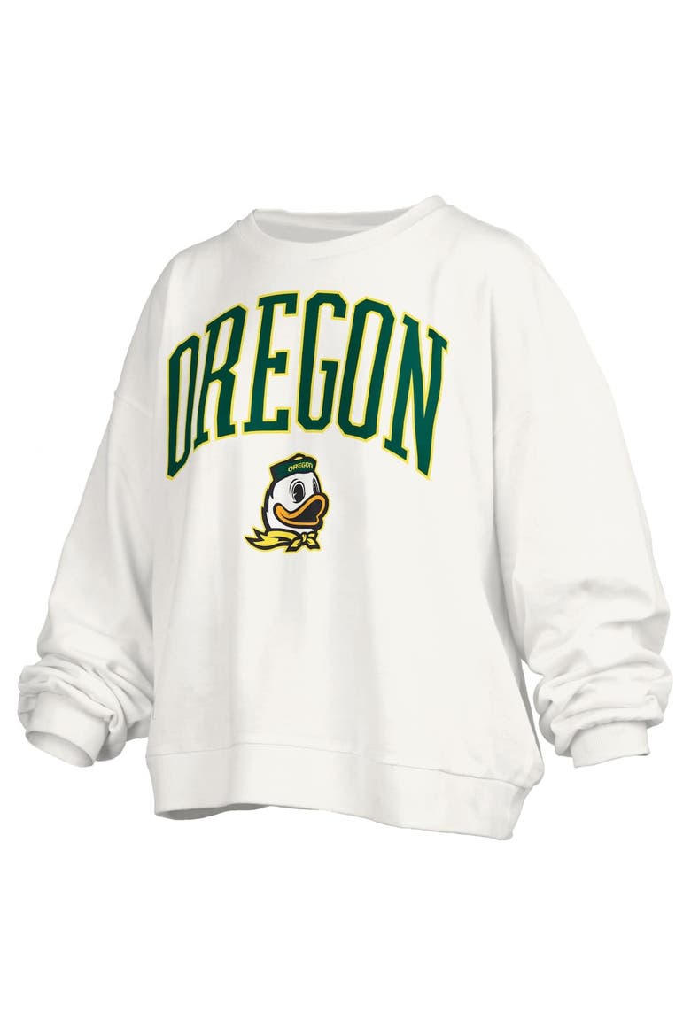 Women's Pressbox White Oregon Ducks Janise Arch Over Logo Waist Length Oversized Pullover Sweatshirt, Alternate, color, White