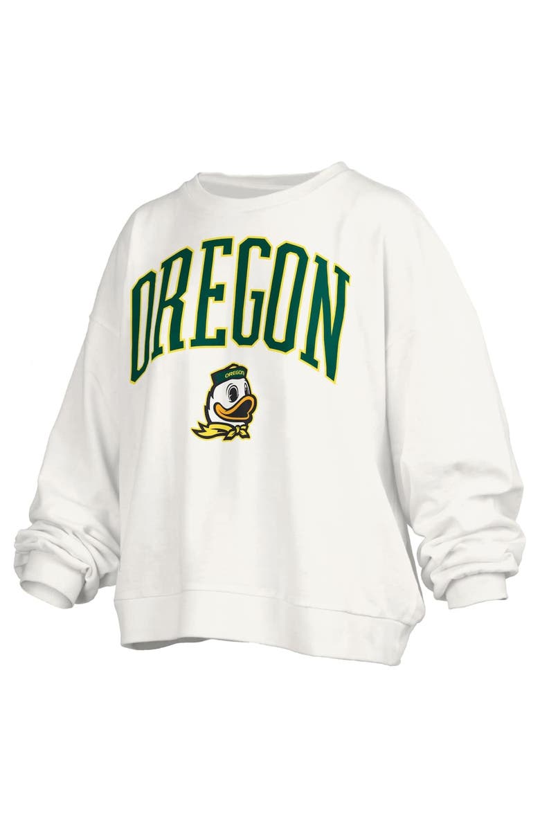 PRESSBOX Women's Pressbox White Oregon Ducks Janise Arch Over Logo Waist Length Oversized Pullover Sweatshirt, Alternate, color, White