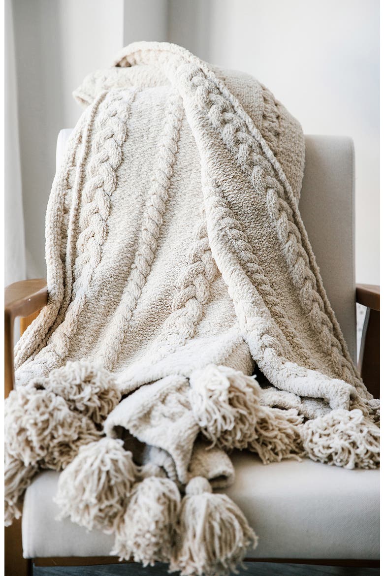 Braided Pom Pom Throw Blanket, Alternate, color, SAHARA TAN