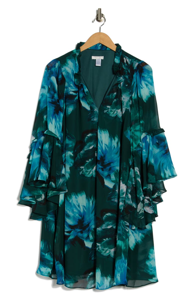 London Times Floral Long Sleeve A-Line Dress, Alternate, color, Teal/ Light Blue