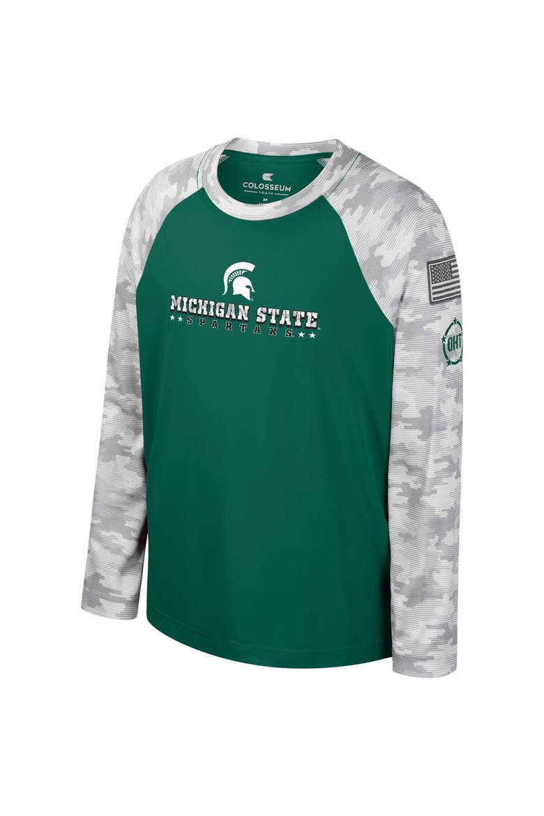 Youth Colosseum Green/Camo Michigan State Spartans OHT Military Appreciation Dark Star Raglan Long Sleeve T-Shirt, Alternate, color, Green