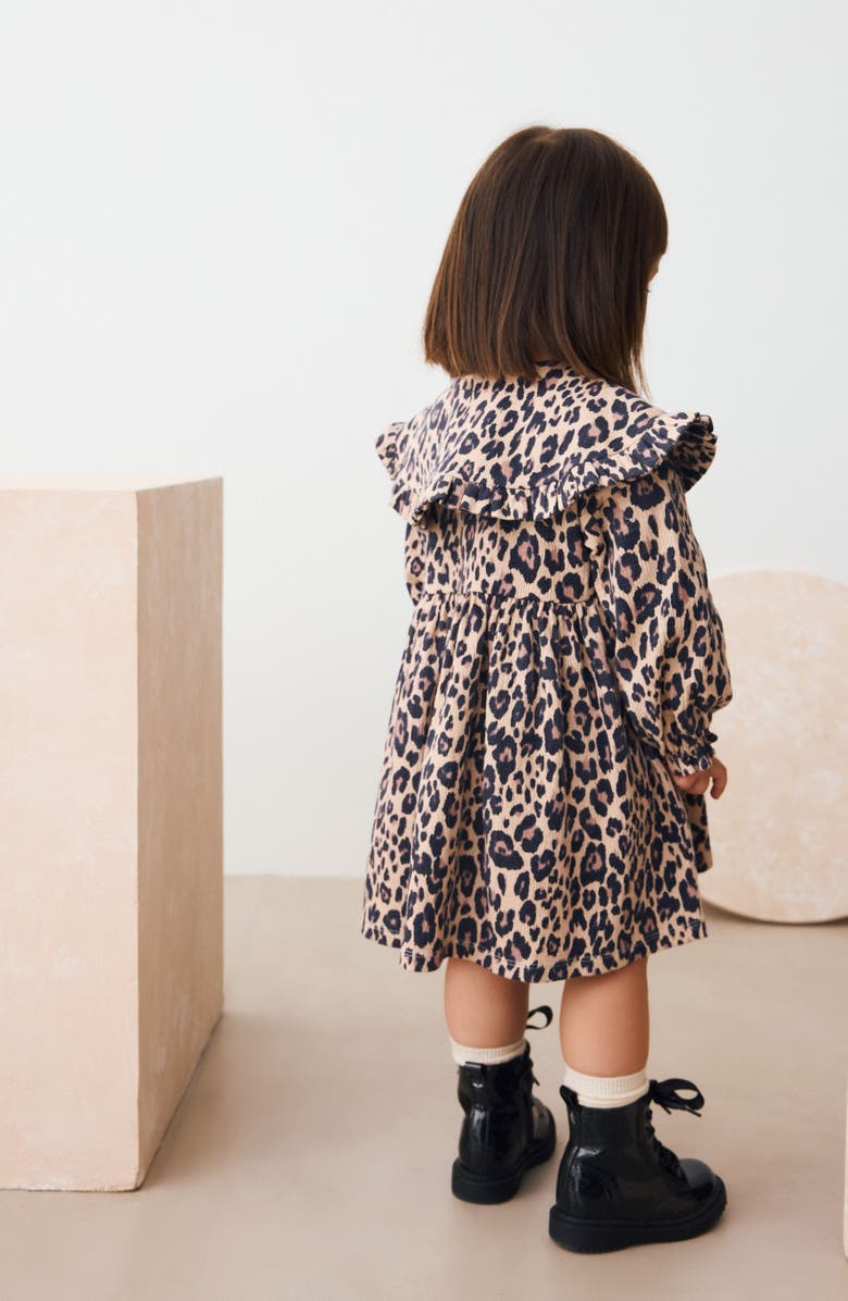 NEXT Kids' Ruffle Long Sleeve Cotton Blend Dress, Alternate, color, Multi Brown