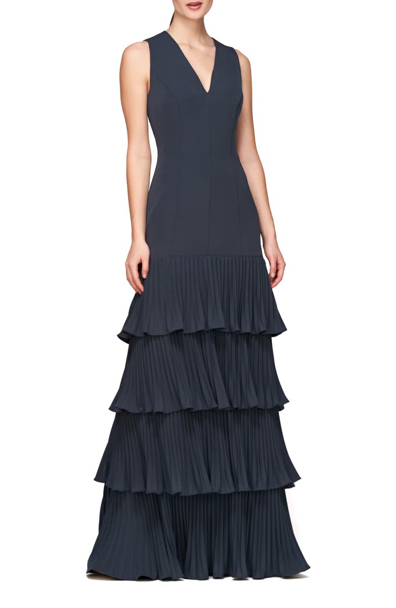Kay Unger Angelique Pleated Tiered Sleeveless Gown, Alternate, color, French Navy