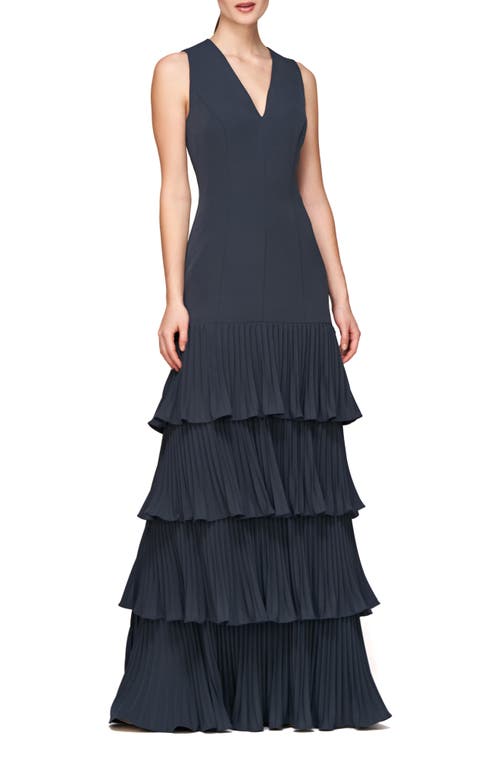 Kay Unger Angelique Pleated Tiered Sleeveless Gown In French Navy