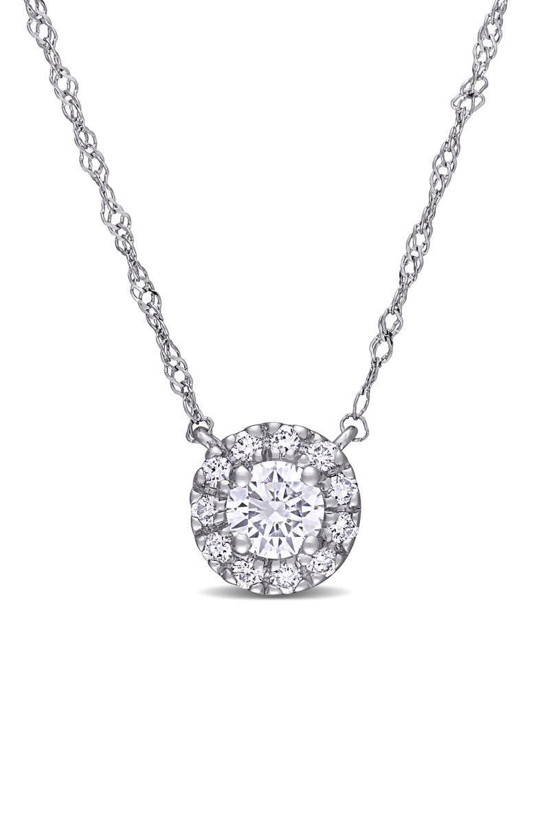 Created Forever 14K White Gold Lab Grown Diamond Halo Pendant Necklace, Main, color, Silver