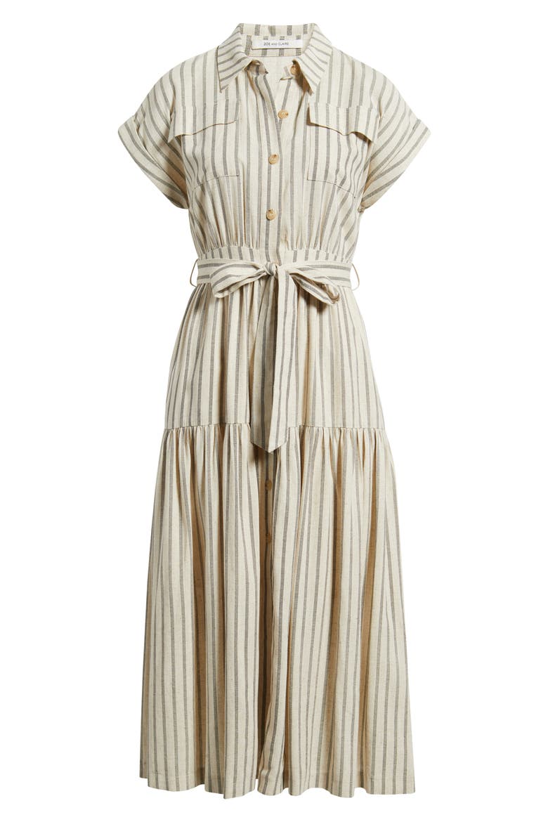 Stripe Belted Linen Midi Shirtdress, Alternate, color, LIGHT TAUPE