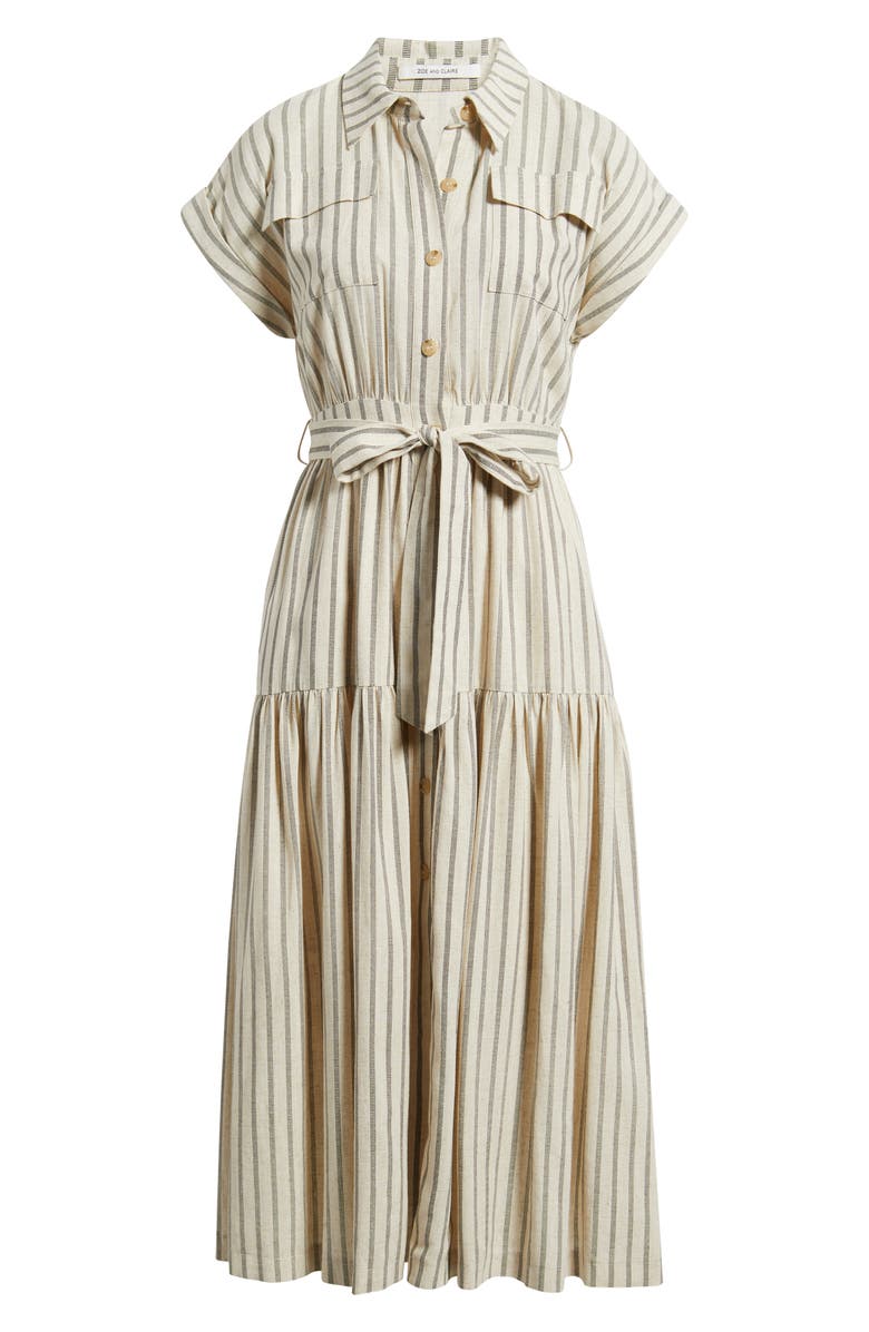 ZOE AND CLAIRE Stripe Belted Linen Midi Shirtdress, Alternate, color, Light Taupe