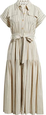 ZOE AND CLAIRE Stripe Belted Linen Midi Shirtdress