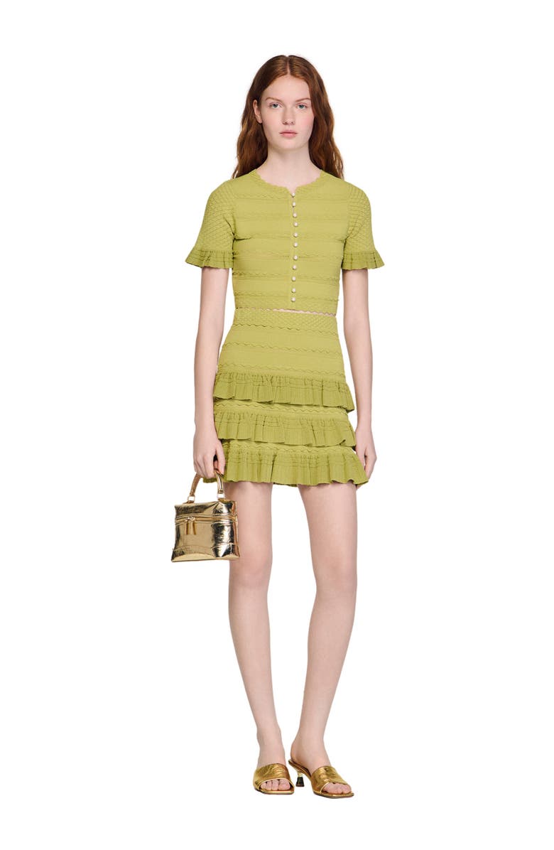 SANDRO Cropped ruffled-sleeve cardigan, Alternate, color, Green