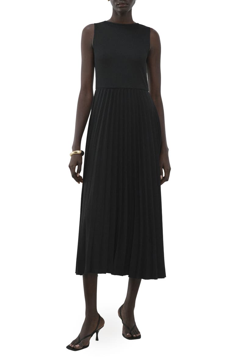 Belted Pleated Sleeveless Midi Dress, Main, color, BLACK