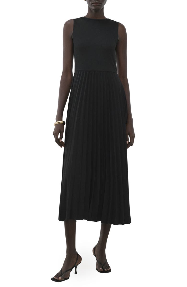 MANGO Belted Pleated Sleeveless Midi Dress, Main, color, Black