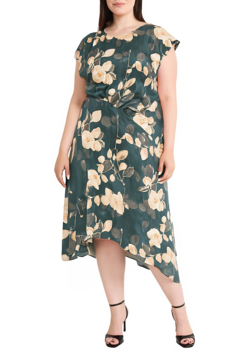 Floral Print Asymmetric Dress, Main, color, TEAL/ GOLD
