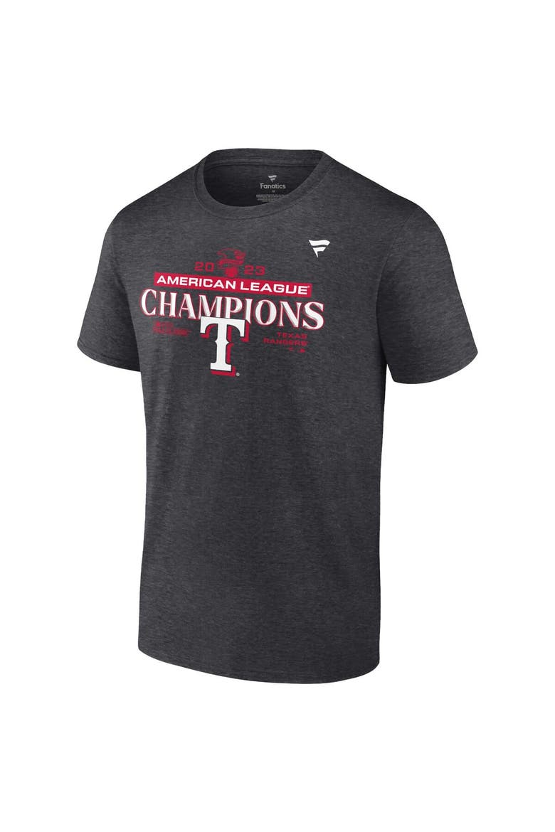 Men's Fanatics Branded  Heather Charcoal Texas Rangers 2023 American League Champions Locker Room T-Shirt, Alternate, color, Heather Charcoal