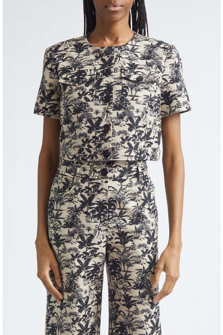 London Tropical Print Short Sleeve Crop Jacket, Main, color, JET/ NATURAL
