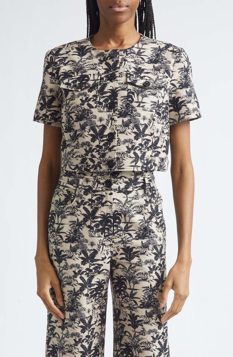 Toccin London Tropical Print Short Sleeve Crop Jacket, Main, color, Jet/ Natural