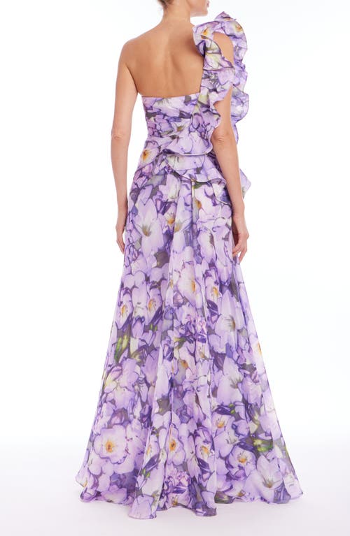 Badgley Mischka Collection Floral Print Ruffle One-shoulder Gown In Lilac Multi