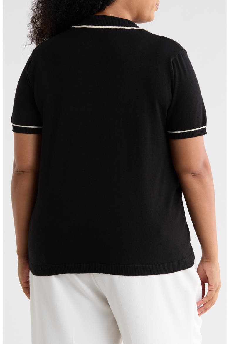 Short Sleeve V-Neck Polo Sweater, Alternate, color, BLACK/ IVORY