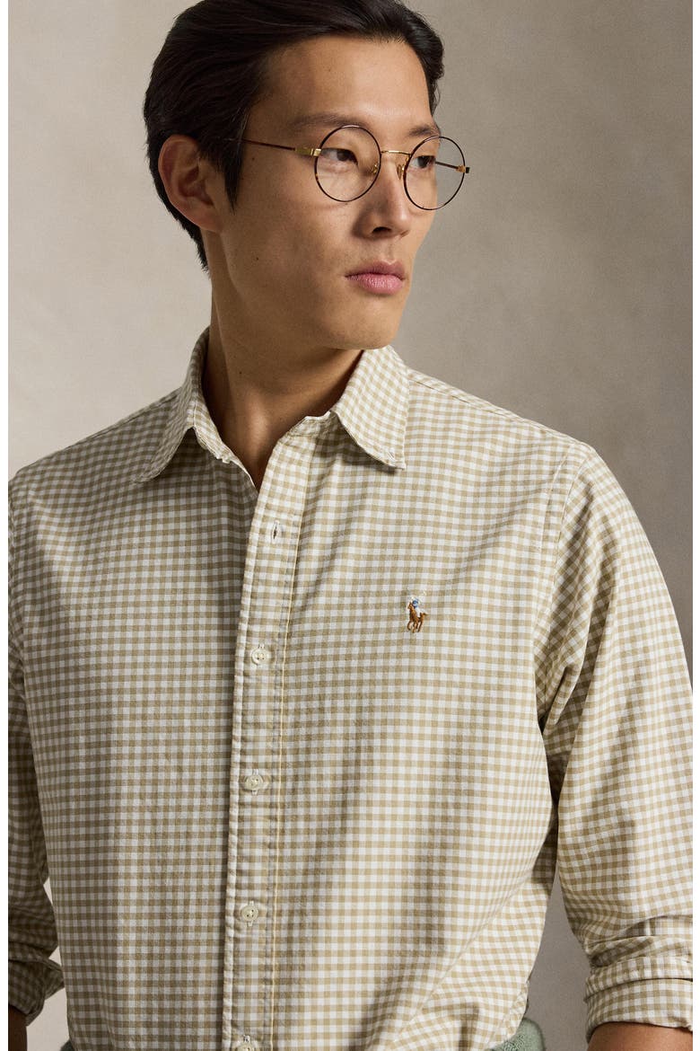 Classic Fit Gingham Cotton Button-Down Oxford Shirt, Alternate, color, COASTAL BEIGE/ WHITE