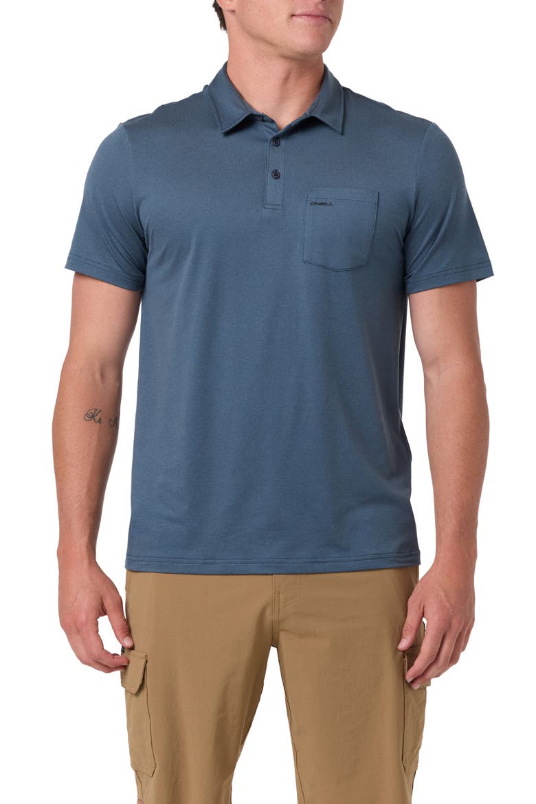 TRVLR UPF Performance Polo, Main, color, HEATHER DARK SLATE