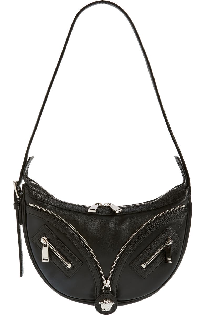Versace Small Repeat Leather Hobo Bag, Main, color,