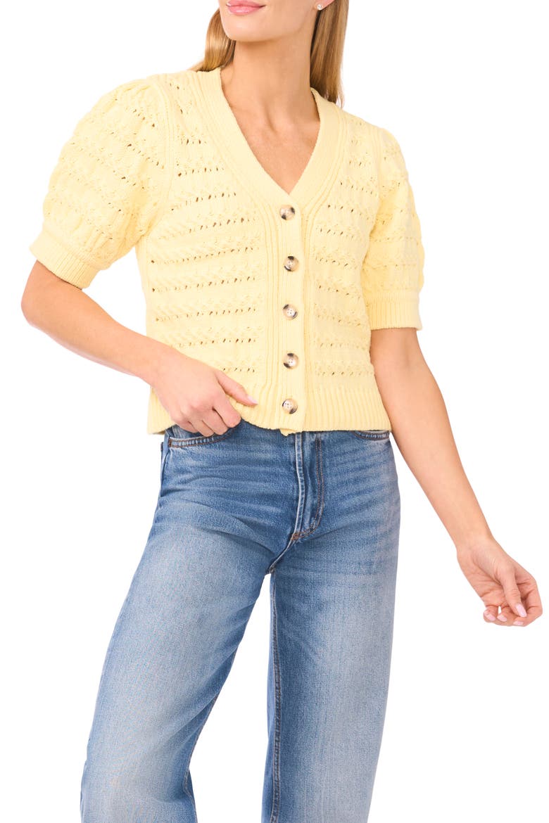 Open Stitch Puff Sleeve Cardigan, Main, color, PASTEL YELLOW