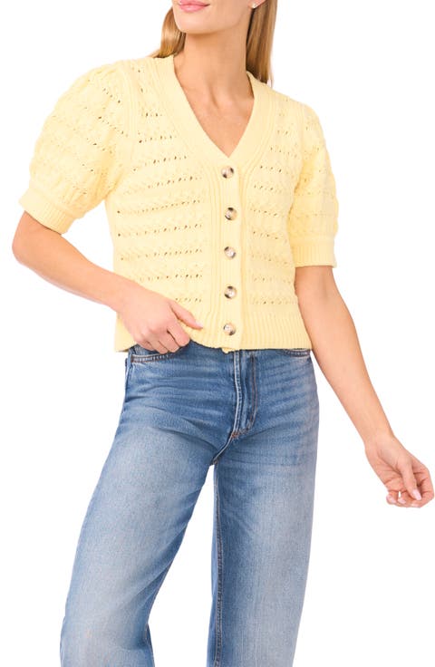 Open Stitch Puff Sleeve Cardigan