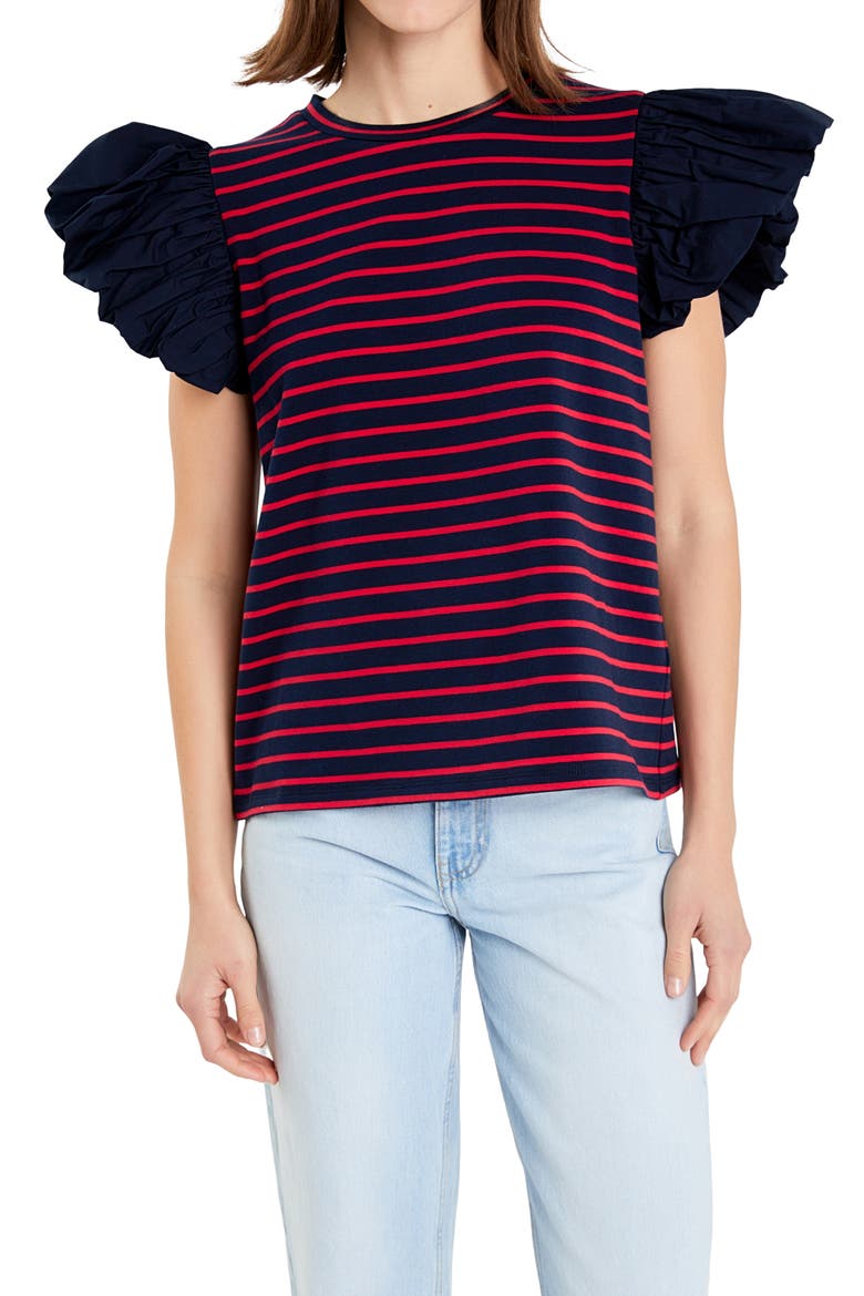 Mixed Media Stripe Ruffle Sleeve Top, Alternate, color, NAVY/ RED