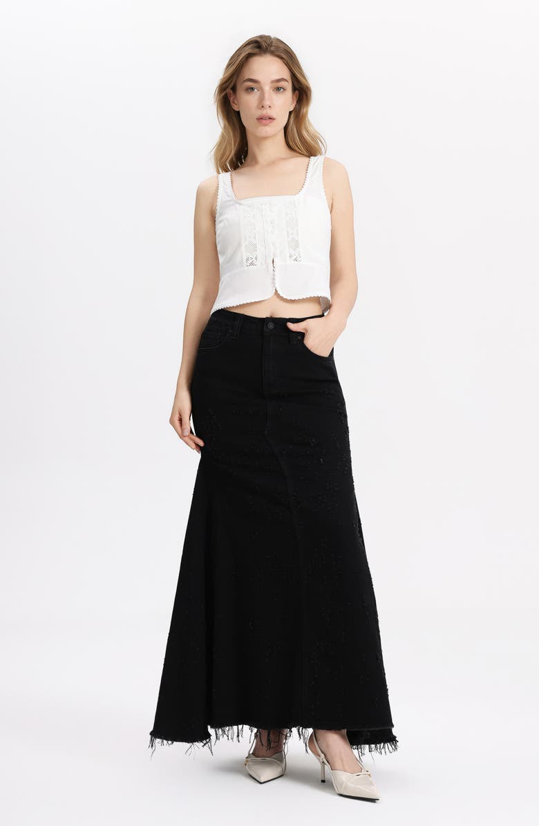 Bayeas Fringe Denim Midi Skirt, Alternate, color, Black