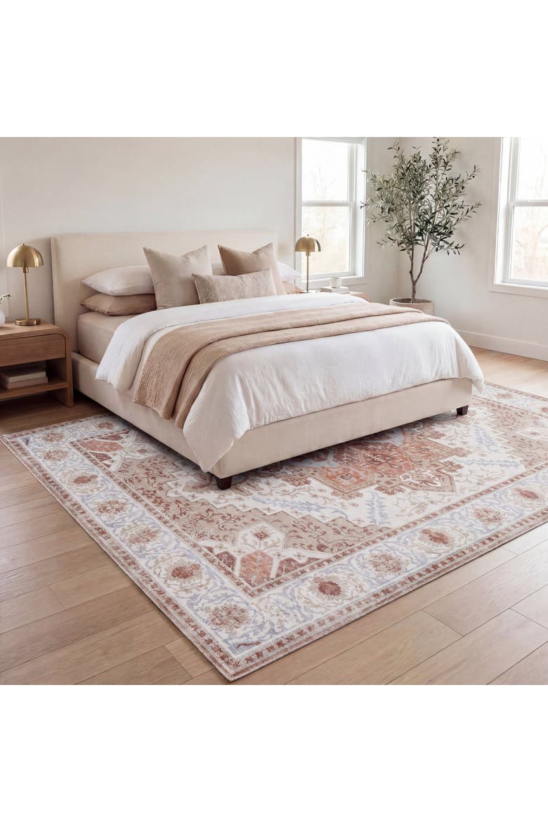 Eleanor Vintage Medallion Border Non-Slip Machine-Washable Cream/Terra 5 ft. x 8 ft. Area Rug, Alternate, color, Cream/Terra