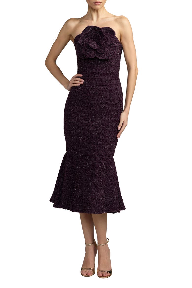 Strapless Boucle Midi Dress With 3D Flower, Main, color, Aubergine