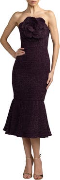 Mac Duggal Strapless Boucle Midi Dress With 3D Flower
