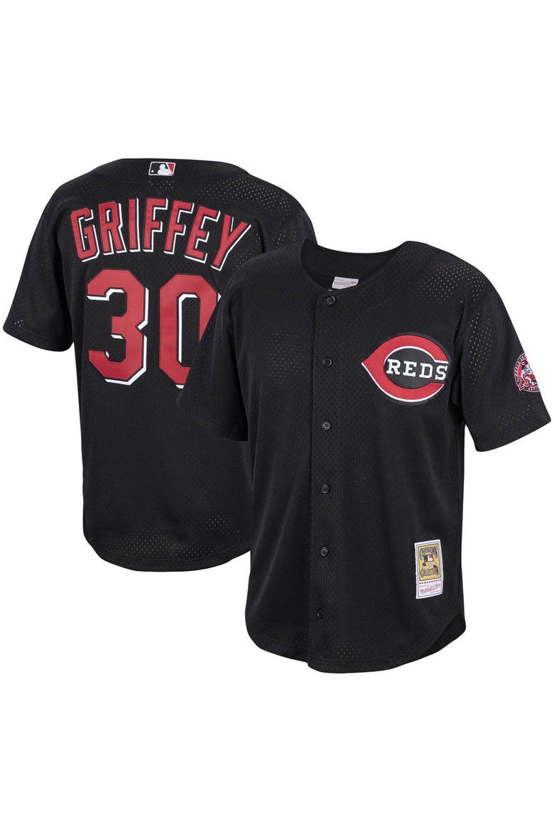 Men's Mitchell & Ness Ken Griffey Jr. Black Cincinnati Reds Cooperstown Collection Mesh Batting Practice Button-Up Jersey, Main, color, Black