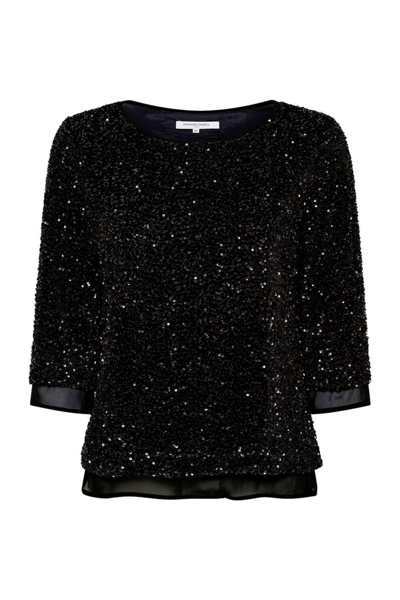 Alienor Sequin 3/4 Sleeve Voile Trim Top, Alternate, color, Black